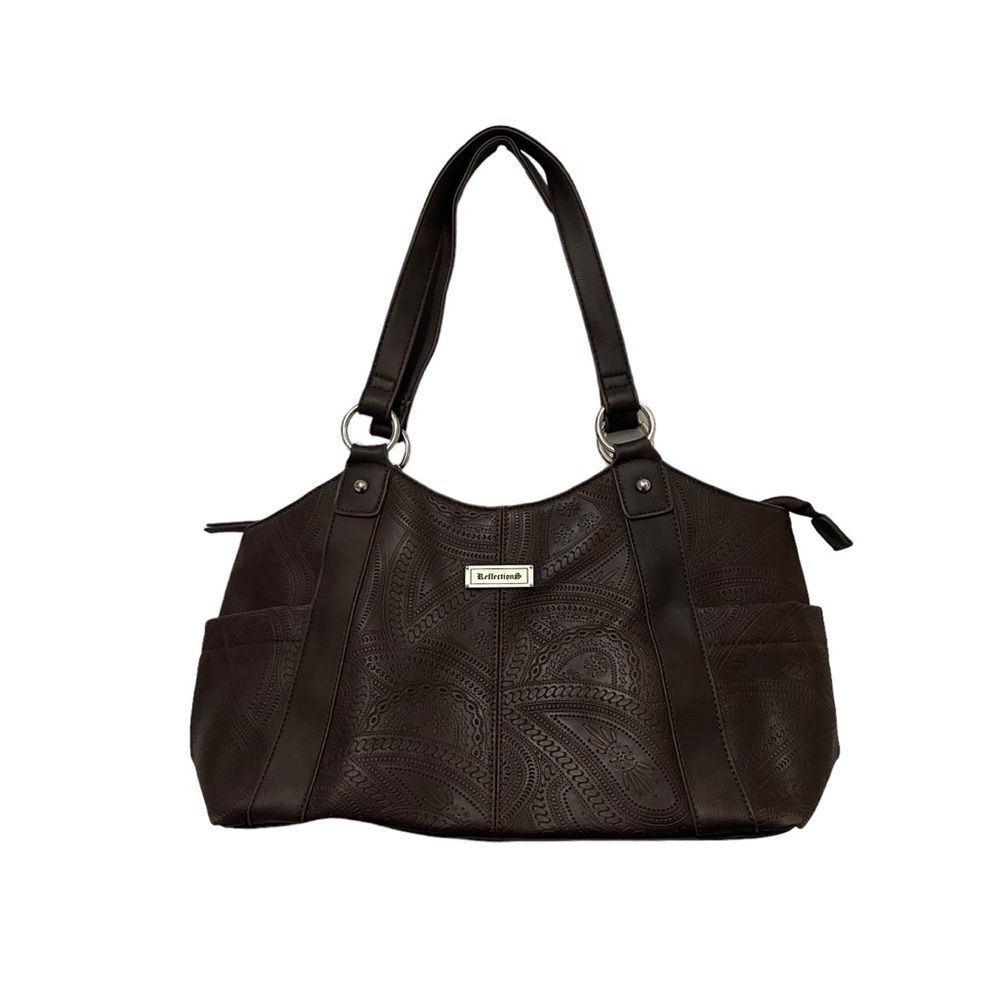 Reflections Baguette Brown Faux Tooled Leather Double Straps Shoulder Bag Y2K
